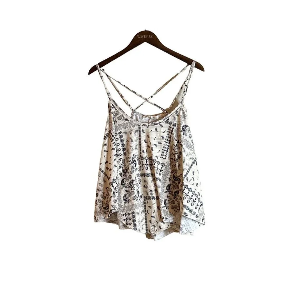 Free People Hey Girl Cotton Tank Top Ivory Navy Tea Combo Bandana Size Med NWT